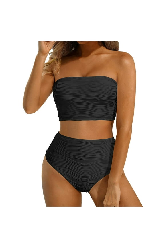Womens Bikini Set Bandeau Swimwear High Waisted Brief Wave Pattern Tummy Control Summer Bathing Suit , 2PC