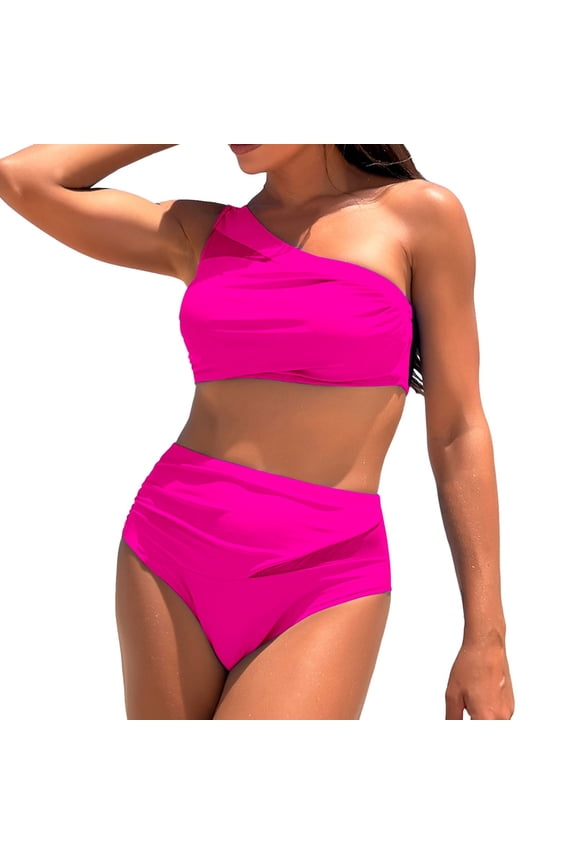 Womens Bikini Set One Shoulder Solid Color Swimwear Mesh Panel Top High Waisted Ruched Bottom Tummy Control Bathing Suit , 2PC