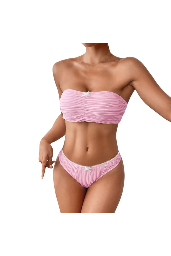 Womens Bikini Set Strapless Bandeau Swimwear Ruched Fabric Bow Detail High Waisted Brief Swim Set , 2PC