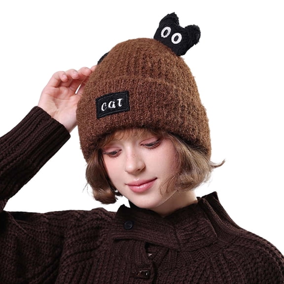 Bibifish Womens Black Cat Shape Fluffy Beanie Hat With Cat Patch Ear Flaps Soft Fleece Lined Cozy Warm Hat Winter Casual Wear Funny Stylish Hats