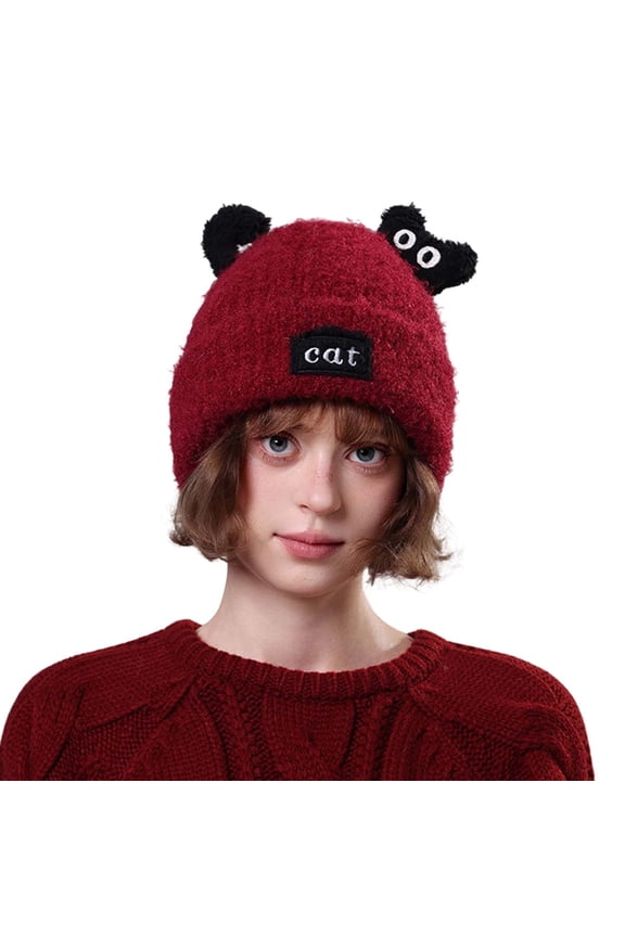 Womens Black Cat Shape Fluffy Beanie Hat With Cat Patch Ear Flaps Soft Fleece Lined Cozy Warm Hat Winter Casual Wear Funny Stylish Hats
