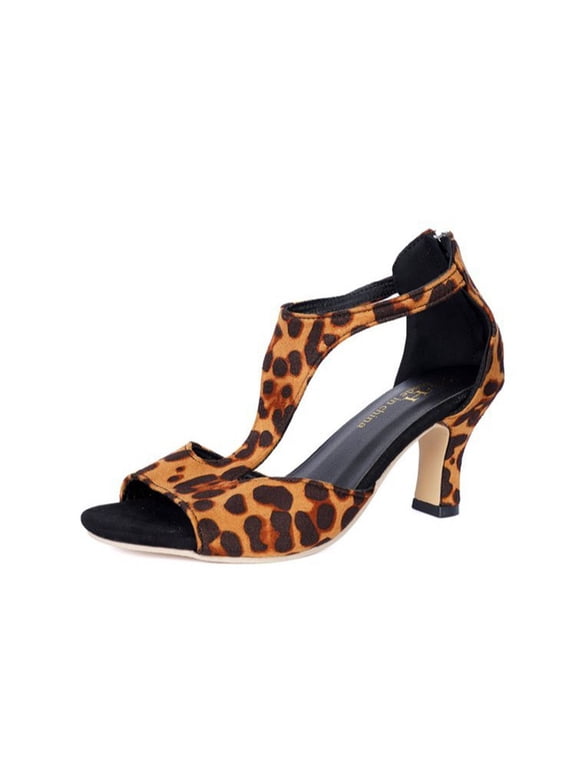 Womens Block Heel Ankle Strap Sandals Trendy Leopard Print T Cutout Back Zip And Slingback Open Toe Summer Date Night Ladies Sandals