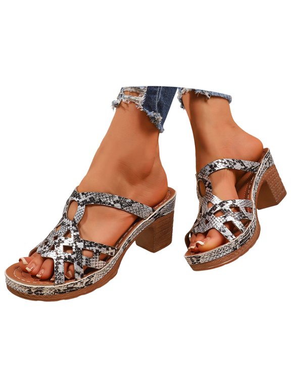 Womens Block Heel Mule Slide Sandals Trendy Snake Print Hollow Cutout Slip On Ladies Sandals Summer Outdoor Evening Event Casual Sandals