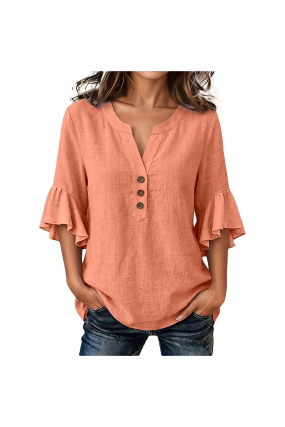 Womens Blouse Henley Neck 3/4 Sleeve Loose Fit Linen Blend Tops With Button And Flounce Sleeve Casual Boho Shirts