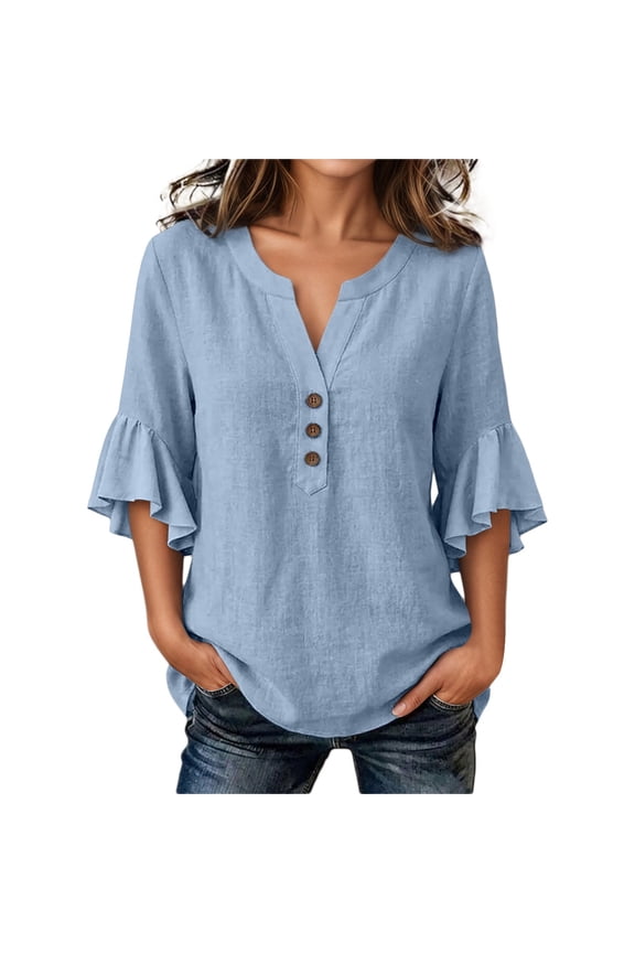 Womens Blouse Henley Neck 3/4 Sleeve Loose Fit Linen Blend Tops With Button And Flounce Sleeve Casual Boho Shirts