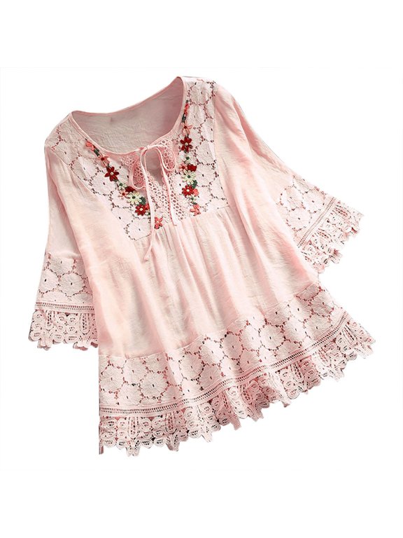 Womens Blouse Lace Cutout Floral Embroidery Tie Neck Tunic Elbow Length Flared Sleeves Scalloped Lace Hem Shirt