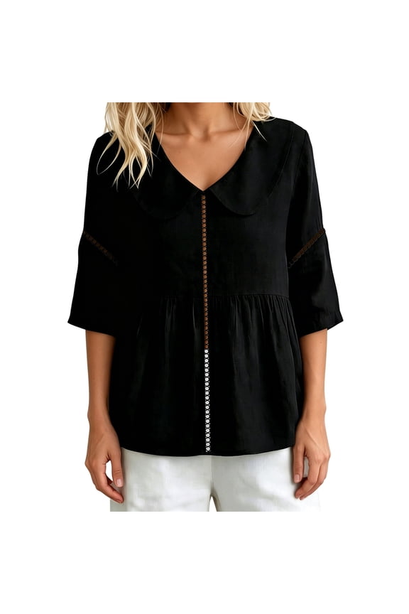 Womens Blouse Peter Pan Collar 3/4 Sleeve Loose Fit Lace Trim Peplum Tops Casual Elegant Office Shirts