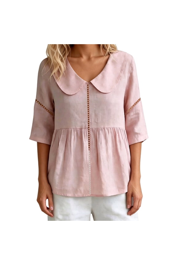 Womens Blouse Peter Pan Collar 3/4 Sleeve Loose Fit Lace Trim Peplum Tops Casual Elegant Office Shirts