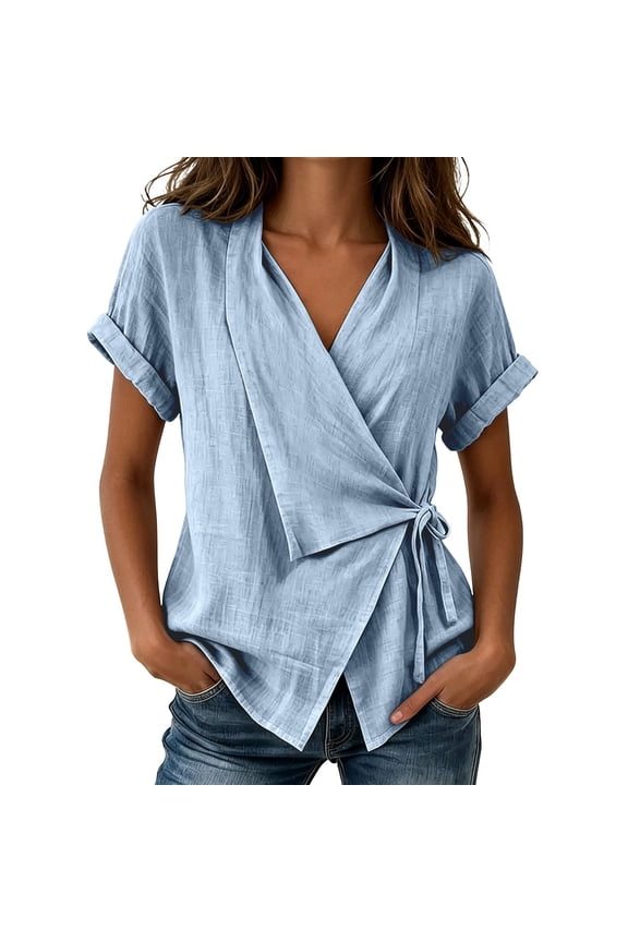 Womens Blouse V Neck Short Sleeve Loose Fit Tops With Wrap Front And Tie Waist Linen Blend Casual Summer Shirts