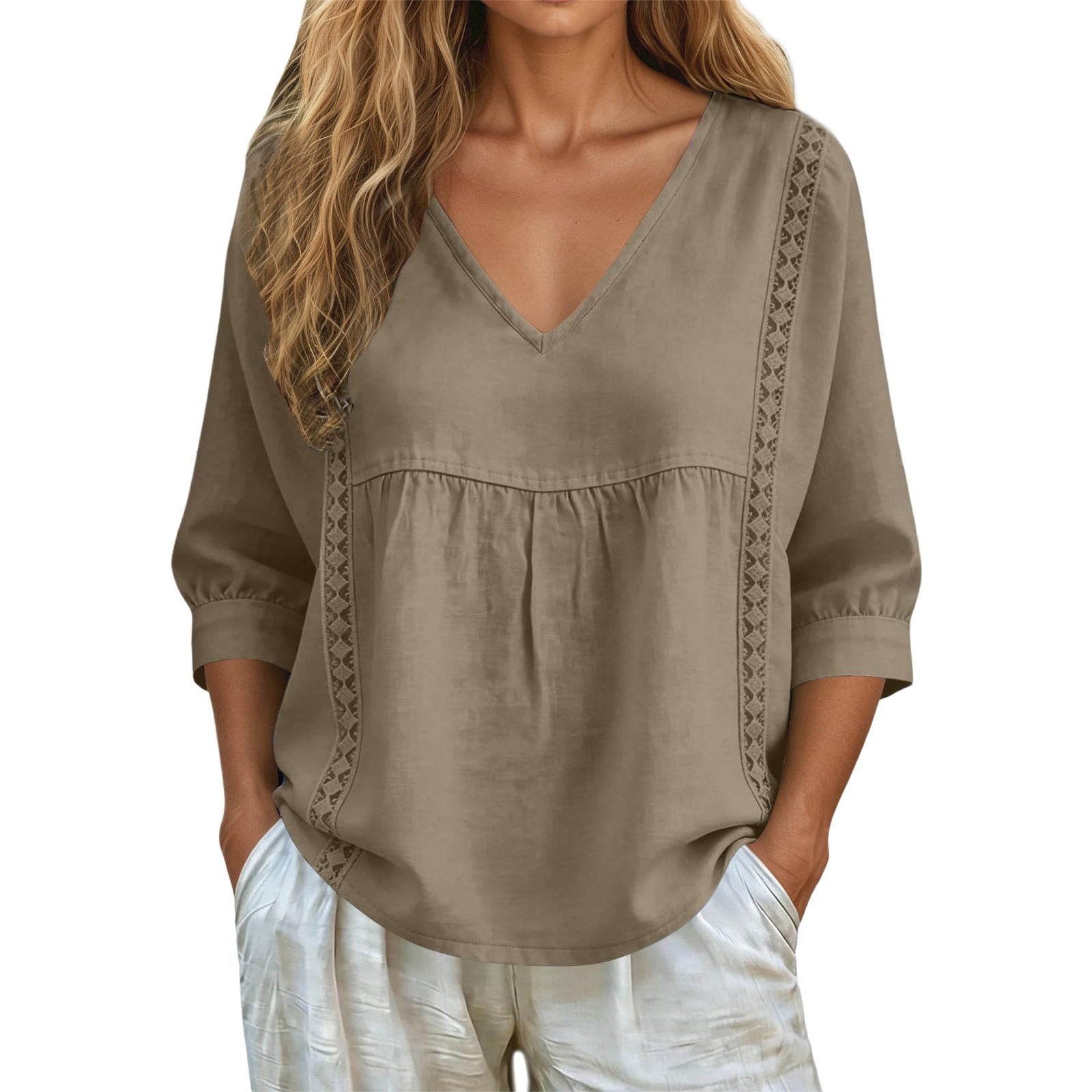 Bibifish Womens Blouses V Neck 3/4 Length Sleeve Loose Fit Shirts Lace ...
