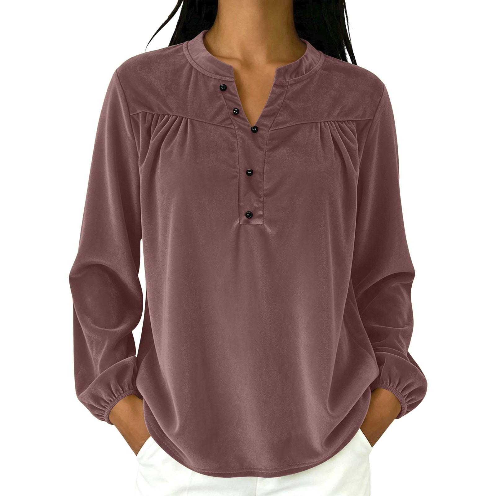 Bibifish Womens Blouses V Neck Half Button Pleated Front Balloon Long ...