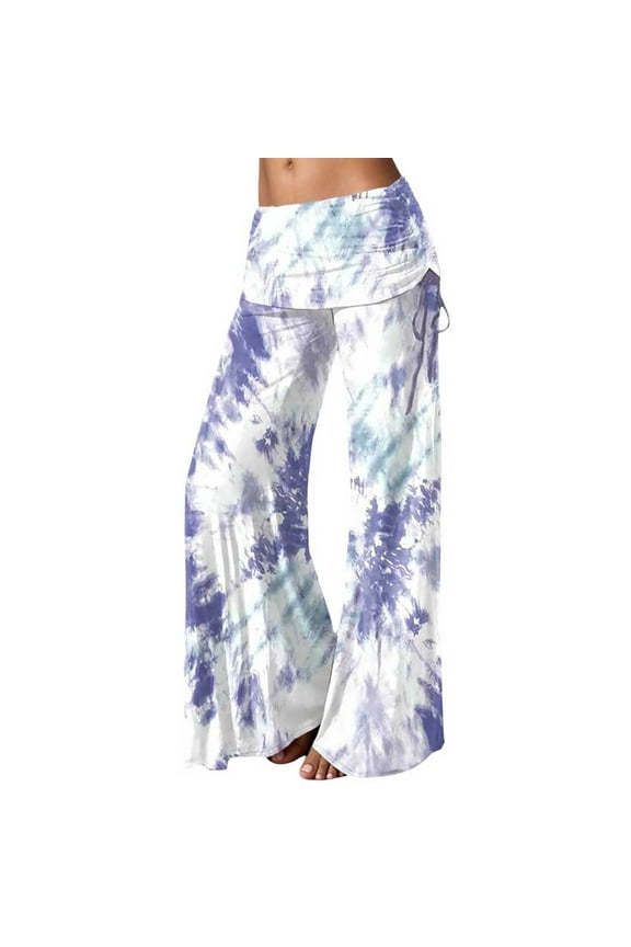 Womens Blue & White Tie-Dye Wide-Leg Pants Ruched Waist Pants Lightweight Breathable Full-Length Flare Yoga Bohemian Style Yoga Pants