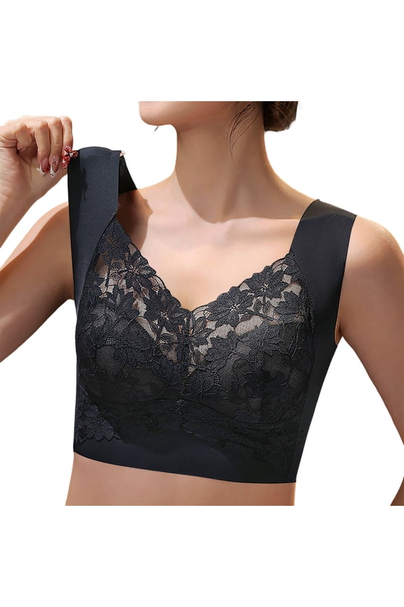 Womens Bralette Wide Straps Pullover V Neck Elegant Lace Wireless Bras Comfort Seamless Everyday Daily Sleep Bras