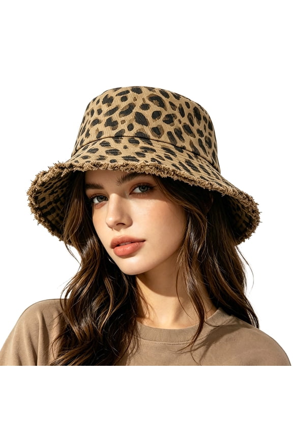 Womens Bucket Hat Leopard Print Frayed Edge Vintage Style Bucket Hat Stylish Ladies Daily Wear Sun Protection Hat