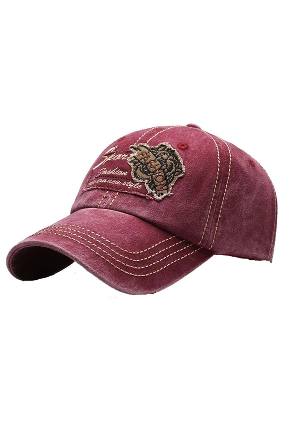 Womens Burgundy Denim Baseball Cap Embroidered Patch Hat Contrast Stitching Soft Lightweight Casual Daily Leisure Outdoor Cap