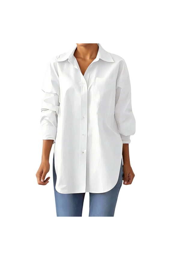 Womens Button Down Shirts Elegant Long Sleeve Button Up Blouses Solid Color Split Hem Oversized Casual Work Collared Shirts