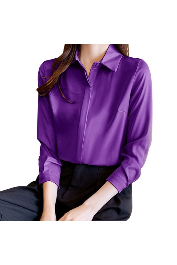 Womens Button Down Shirts Satin Long Sleeve Office Shirts Hidden Placket Comfortable Button Up Business Blouse For Ladies