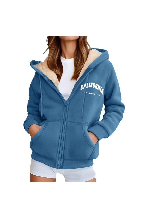 Womens "CALIFORNIA ''Graphic Fleece-Lined Hoodies Full Zip Side Pockets Outerwear Relaxed Fit Casual Daily Stylish Warm Hoodies