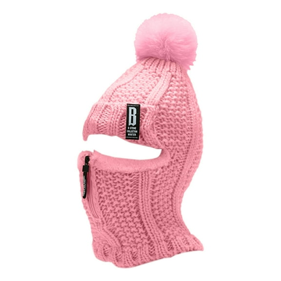 Bibifish Womens Cable Knit Balaclava Hat With Zipper & Pom Pom Soft Warm Windproof Hat Winter Outdoor Activities Practical Cozy Hats