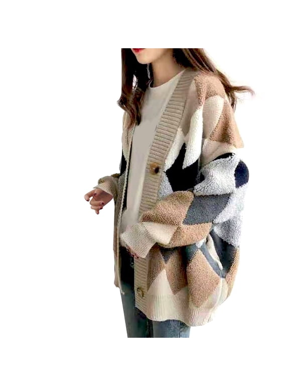 Womens Cardigan Argyle Diamond Patchwork Mid Length Long Sleeve V Neck Button Front Relaxed Fit Knit Sweaters