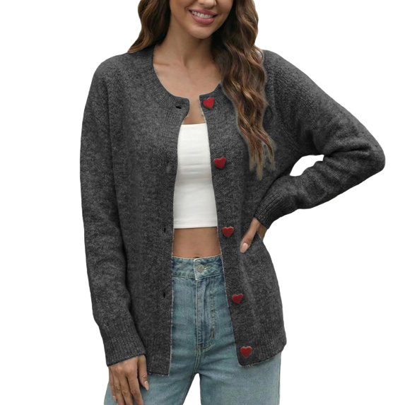 Bibifish Womens Cardigan Crew Neck Heart Button Raglan Sleeve Relaxed Fit Knit Sweaters