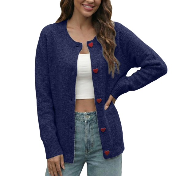 Bibifish Womens Cardigan Crew Neck Heart Button Raglan Sleeve Relaxed Fit Knit Sweaters