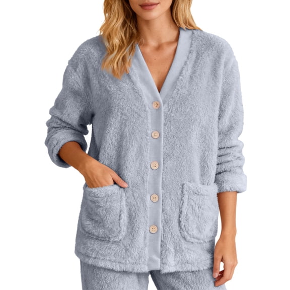 Bibifish Womens Cardigan Light Blue Fuzzy Plush V Neck Button Down Jackets Side Pocket Relaxed Fit Cozy Comfy Casual Daily Wear Stylish Jackets
