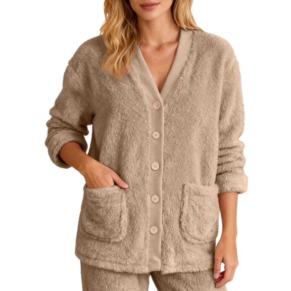 Bibifish Womens Cardigan Light Blue Fuzzy Plush V Neck Button Down Jackets Side Pocket Relaxed Fit Cozy Comfy Casual Daily Wear Stylish Jackets
