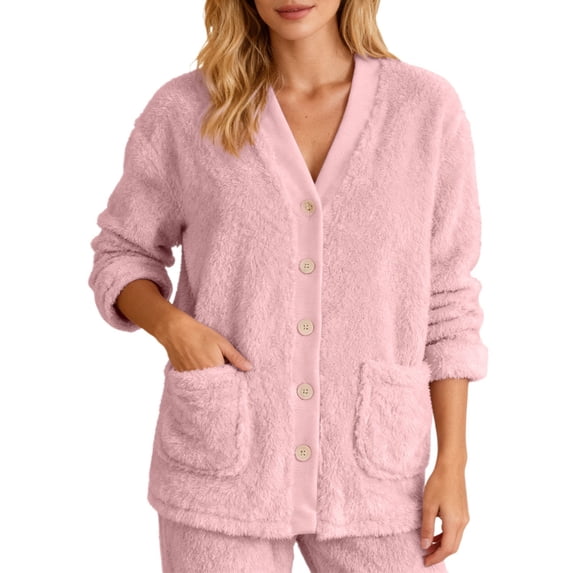Bibifish Womens Cardigan Light Blue Fuzzy Plush V Neck Button Down Jackets Side Pocket Relaxed Fit Cozy Comfy Casual Daily Wear Stylish Jackets