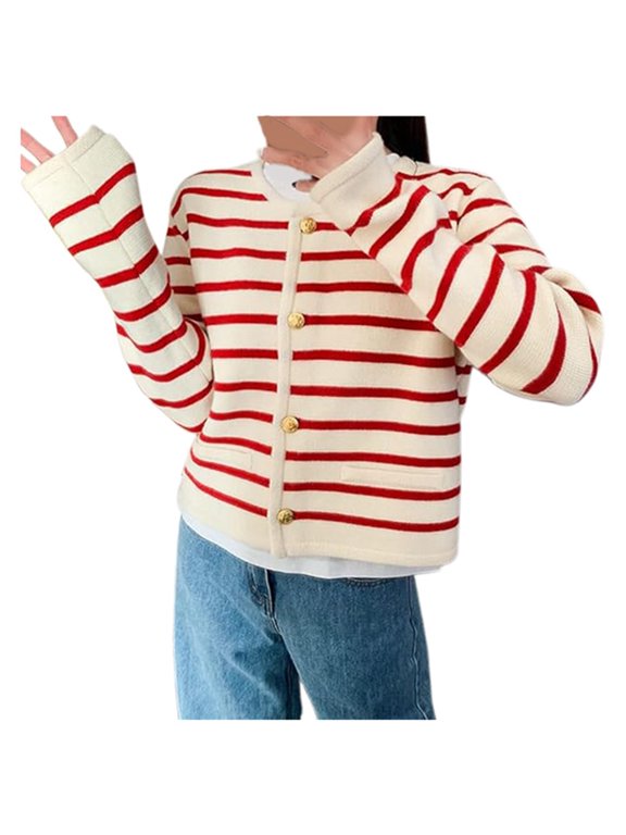 Womens Cardigan Sweater Cream Red Stripe Gold Button Front Cardigan Patch Pocket Classic Pattern Daily Outings Knit Cardigan