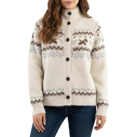 Bibifish Womens Cardigan Sweater Fair Isle Style Turtleneck Knit Cardigan Button Front Winter Cold Weather Daily Wear Warm Classic Cardigan