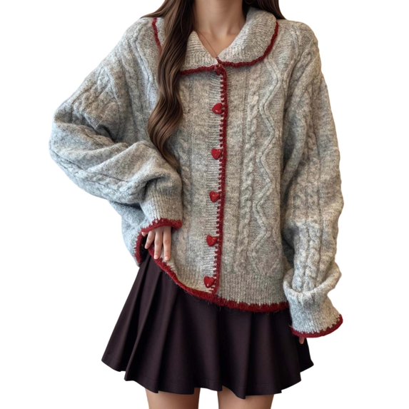 Bibifish Womens Cardigan Sweater Light Color Cable Knit Cardigan With Red Heart Pattern Button Casual Daily Wear Cute Trendy Lapel Neck Cardigan