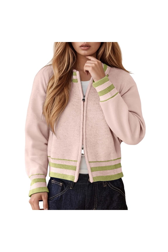 Womens Cardigan Sweater Peppy Style Knit Cardigan Blue Stripe Full Zip Front Casual Baseball Daily Wear Classic Cardigan