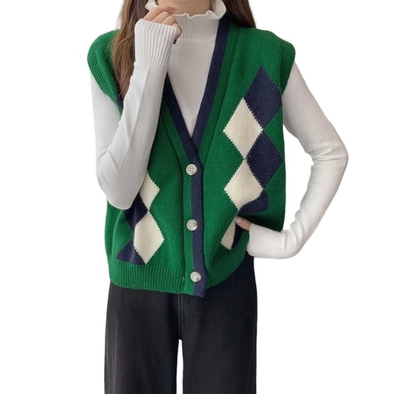 Bibifish Womens Cardigan Sweater Plaid Pattern Sweater Knit Vest Button Front Office Casual Daily Outings Classic Loose Fit Sleeveless Cardigan