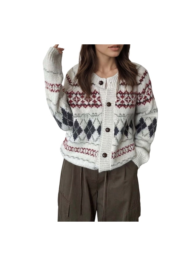 Womens Cardigan Sweater Retro Style Knit Cardigan Loose Fit Soft Warm Button Front Cold Weather Casual Daily Wear Cardigan