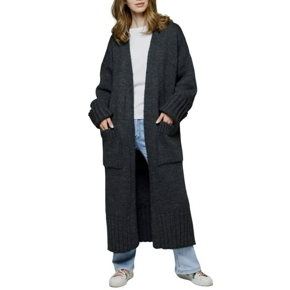 Bibifish Womens Cardigan Sweater Solid Longline Open Front Cardigan With Big Patch Pockets Loose Fit Warm Daily Cozy Knit Cardigan