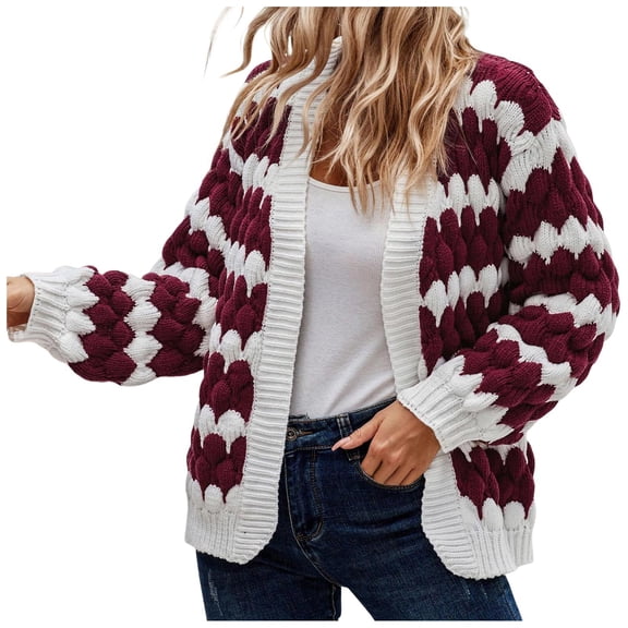 Bibifish Womens Cardigan Sweater Striped Cable Knit Cardigan Loose Fit Open Front Classic Pattern Daily Wear Warm Cozy Cardigan Sweater