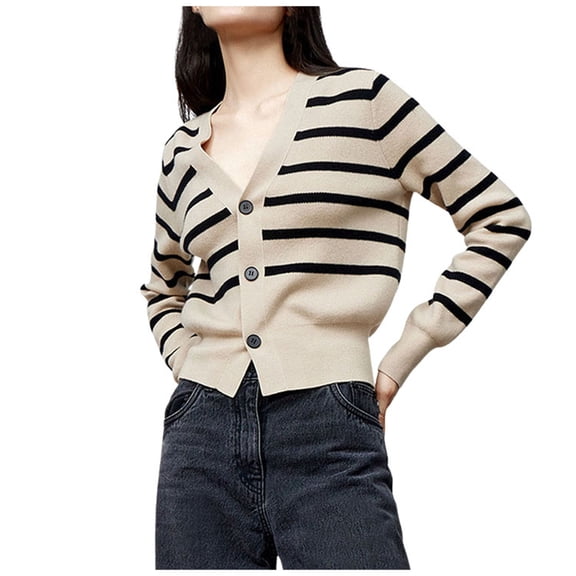 Bibifish Womens Cardigan Sweater Trendy Stripe Pattern V Neck Button Front Cardigan Cropped Soft Knit Daily Office Wear Classic Cardigan