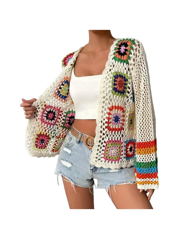 Womens Cardigan Sweater White Crochet Knit Cardigan Colorful Flower Patch Open Front Boho Style Hollow Out Daily Outings Cardigan