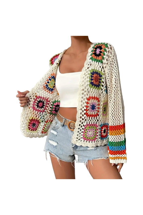Womens Cardigan Sweater White Crochet Knit Cardigan Colorful Flower Patch Open Front Boho Style Hollow Out Daily Outings Cardigan