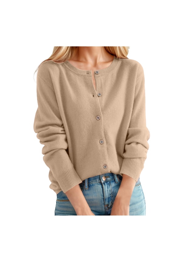 Womens Cardigan Sweaters Classic Long Sleeve Button Down Sweaters Solid Color Loose Fit Crew Neck Knit Tops For Ladies