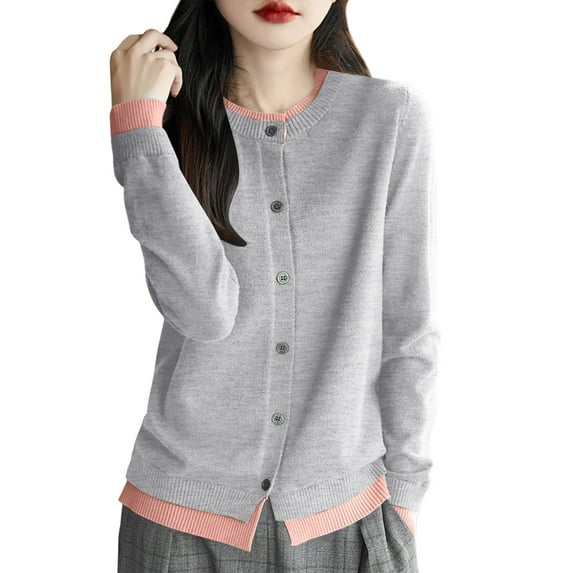 Bibifish Womens Cardigan Sweaters Fall Botton Down Round Neck Layered Knit Cardigans Lightweight Long Sleeve Trendy Ladies Outerwear Tops