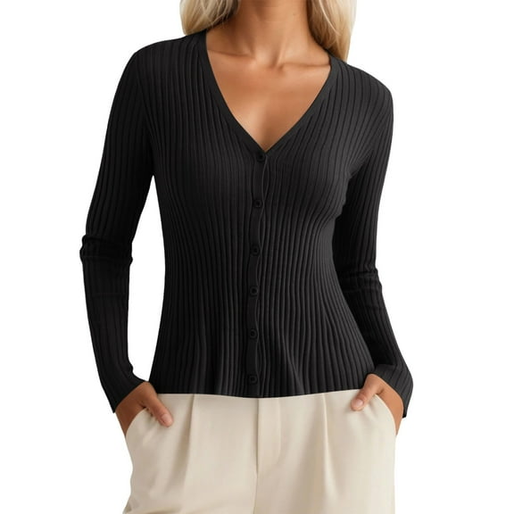 Bibifish Womens Cardigan Sweaters Fall Slim Fit Long Sleeve Botton Down Knit Cardigans Solid Color V Neck Casual Formal Sweater Tops