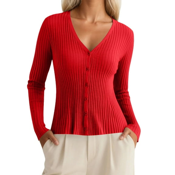 Bibifish Womens Cardigan Sweaters Fall Slim Fit Long Sleeve Botton Down Knit Cardigans Solid Color V Neck Casual Formal Sweater Tops
