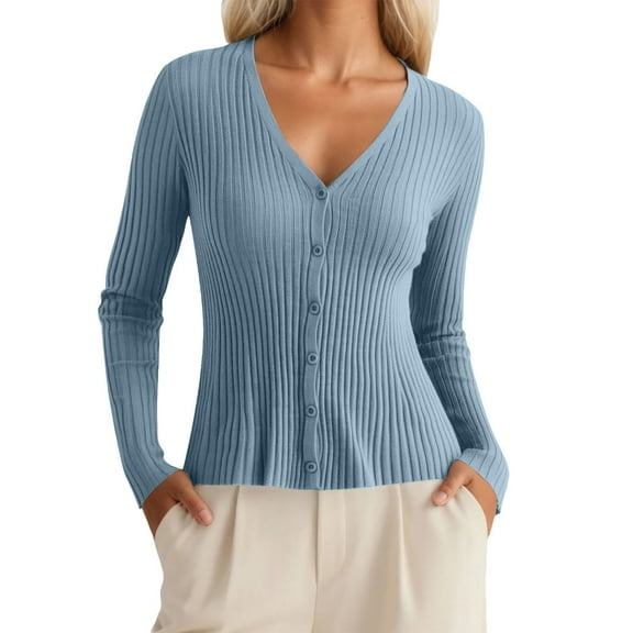 Bibifish Womens Cardigan Sweaters Fall Slim Fit Long Sleeve Botton Down Knit Cardigans Solid Color V Neck Casual Formal Sweater Tops