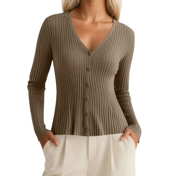 Bibifish Womens Cardigan Sweaters Fall Slim Fit Long Sleeve Botton Down Knit Cardigans Solid Color V Neck Casual Formal Sweater Tops