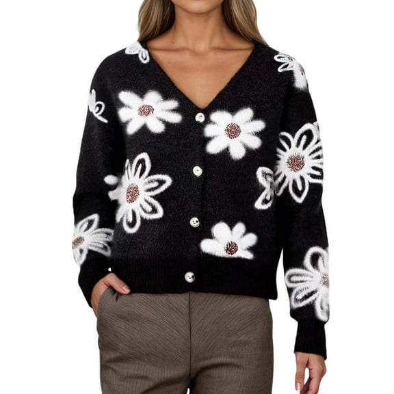 Bibifish Womens Cardigan Sweaters Floral Pattern V Neck Cropped Sweaters Button Up Soft Cozy Lightweight Fall Winter Streetwear Kint Tops