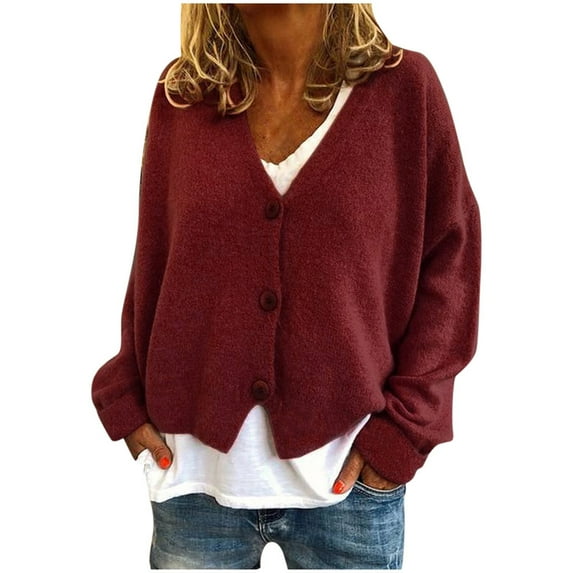 Bibifish Womens Cardigan Sweaters Solid Color Button Down Autumn Long Sleeve Knitted Tops V-Neck Stretchy Knitted Outerwear For Ladies
