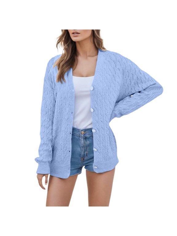 Womens Cardigan V Neck Snap Button Long Sleeve Solid Color Knit Sweaters