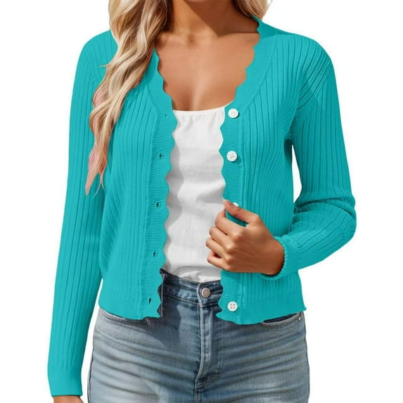 Bibifish Womens Cardigans Sweaters Fall Short Scallop Collar Knit Cardigans Elegant Lightweight Comfortable Casual Oversized Layering Tops